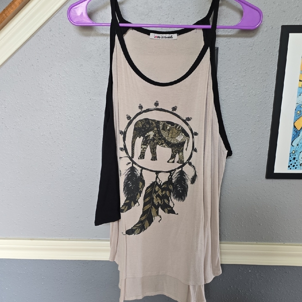Women's Elephant Graphic Tank Top 3/4 Sleeve - Black and Cream